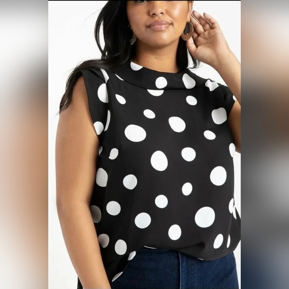 Eloquii Black & White Cowl Neck Polka Dot Short Sleeve V-Back Blouse Size 20 NWT